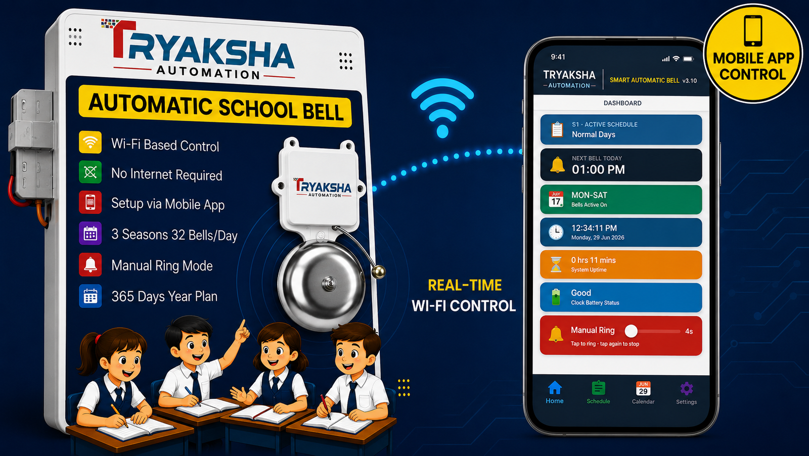 Smart school bell controller and mobile app on a desk